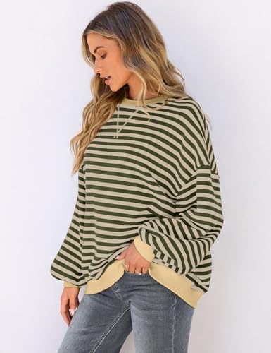 Image of UEU Women Oversized Striped Crewneck Sweatshirt Long Sleeve Color Block Pullover Tops Casual Loose Workout Shirt