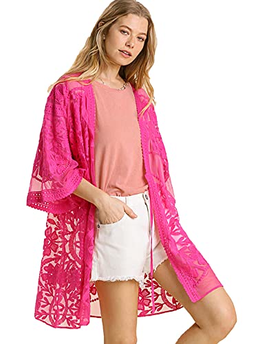 Umgee Womens Crochet Floral Lace Open Front Kimono with Waist Tie2