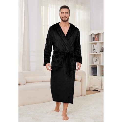 Mens Hooded Fleece Robe, Lightweight Soft Warm Fleece Bathrobe Shower Spa Long Robe With Pockets(Black-B,2XL/3XL)2
