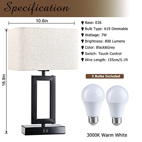 Lamps Set of 2 Touch Control Table Lamps with Dual USB, 3-Way Dimmable for Bedroom, Living Room, Office - LED Bulbs Included - Black & Cream