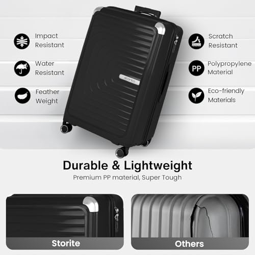 Image of Storite Luggage Set of 3 Trolley Bag Hard-Sided Polypropylene | 55cm, 63cm & 74cm | 8 Wheels Double Spinner Small, Medium & Large Travel Suitcase Bag for Men & Women - Black