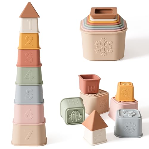 Baby Stacking Cups Toy, Silicone Stacking Tower, Silicone Soft Teething Toy Educational Baby Toys, Baby Building Toys Blocks, 6 Months+, 8 Pcs Set-Gentle