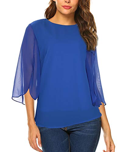 Image of Oyamiki Womens Half Sleeve Layered Flowy Chiffon Blouses Round Neck Shirts Tops
