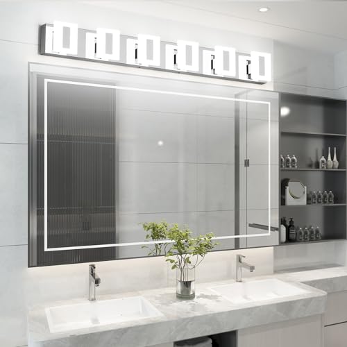 Image of Modern LED Chrome Vanity Lights Over Mirror, 6 Light Acrylic Stainless Steel Bathroom Lighting Fixtures for Bathroom, 6000K Cool Light