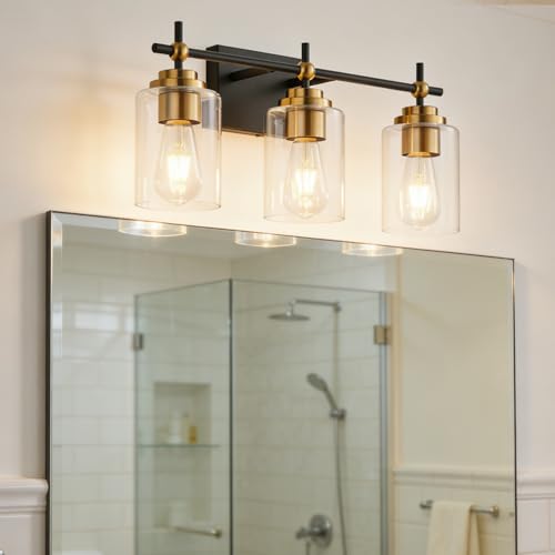 Image of SOLFART Bathroom Lighting Fixtures Over Mirror: 3-Light Black and Gold Vanity Lights Clear Glass Shades(Bulbs Not Included)