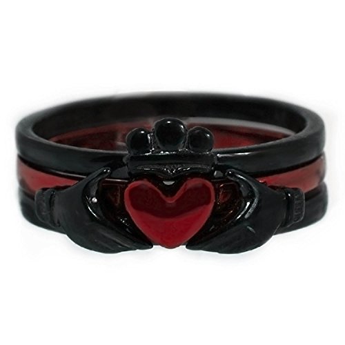 Panvisionary Thin Red Line Claddagh Ring Black and Red Stainless Steel 3 Piece Set (12)