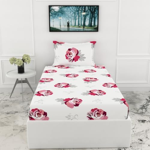 Image of LORETO - A QUALITY LINEN BRAND 210 TC 100% Pure Cotton Single Fitted Bedsheet with 1 Pillow Cover for 78 x 36 Inch Mattress, All-Around Elastic, 8 Inch Deep Pocket, Wine & Pink Floral
