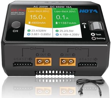 HOTA D6 Pro Lipo Battery Charger Smart Charger Dual Channel 15A AC200W DC650W for Lipo LiHv Nicd NiMH RC Battery Charger with Balance Phone Wireless Charging RC Car Boat