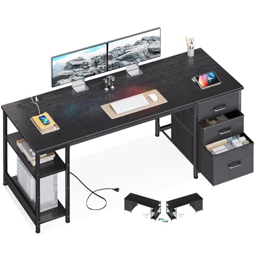 Image of AODK 63 Inch Computer Desk with Drawers & USB Power Outlets, Reversible Home Office Desk with Storage Shelves, Work from Home, Modern Work /Writing /Study Table for Bedroom, Black