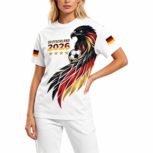 Deutschland Trikot Damen WM Shirt 2026 Fussball Sterne T Shirt mit Adler Deutschland Flagge Fan Tshirt Fanartikel Klassische Germany-Symbol Tee Top Kurzarm Fußballfans Freizeitshirt (01 Weiß M)