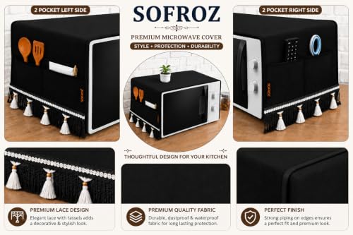 Image of Microwave Oven Cover for Durable, Waterproof and Dustproof Kitchen Protector with 4 Side Storage Pockets for Kitchen Accessories (100 x 35 cm) (Black Lace)