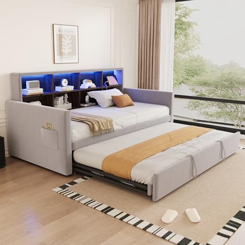 okwish Cama tapizada 90 x 190 cm con cama nido 90 x 190 cm, cama juvenil con iluminación LED y enchufes USB, cama individual con espacio de almacenamiento, cabecero con compartimentos de