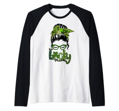 One Lucky Mama Messy Bun St. Patricks Day Women Camiseta Manga Raglan
