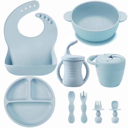 PandaEar Silicone Baby Feeding Set | 9PCS Baby Led Weaning Supplies Self Feeding Utensils | Divided...