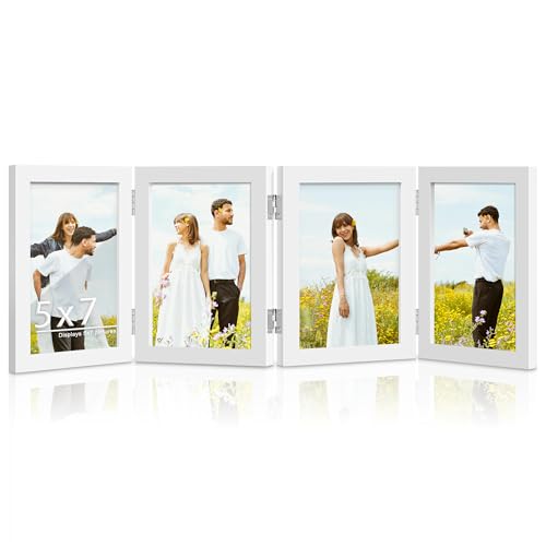 Image of DUENPY 4 Folding 5x7 Accordion Wood Frame Plexiglass White | Constructed With Engineered Wood And Plexiglass, Elegant Ornament For Desktop Photo Display