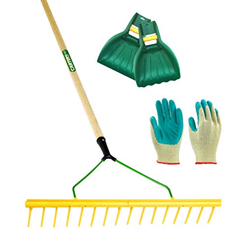 PDL – Pegdev - 16 Tooth Polypropylene Landscape Rake with Hardwood Handle, Leaf Scoop Grab & Gardening Gloves Set - Essential Garden Tool Combo