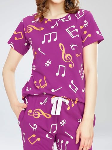 Image of VJ Fashion Women's Cotton Lycra Printed & Knitted Round Neck Night Wear Set of Top and Pazama