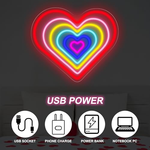 Image of Rainbow Heart Neon Sign Romantic Love LED Light Gift Anniversary for Lover Valentines Gift Idea Home Wall Art Room Decoration, 15.7 inchx13.4 inch