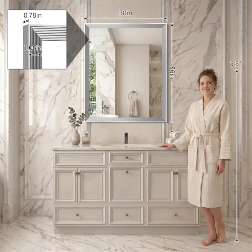 Image of DESBING 30 inchx36 inch Silver Bathroom Mirrors for Over Sink | Tempered Glass, Metal Frame, Rectangle Vanity Wall Mirror for Bathroom, Living Room, Bedroom, Horizontally or Vertically
