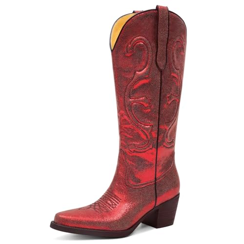 Womens Cowboy Boots Embroidered Cowgirl Mid Calf Boots, Mid Calf Chunky Block Heel Pull On Western Boots