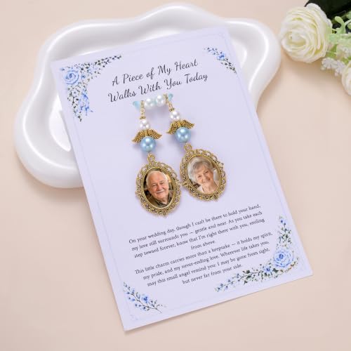 Image of MIXJOY Something Blue Gift for Bride, Wedding Day Bridal Blue Pearl Angel Wings Bouquet Garter Charm for Bride to Be