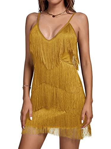 Image of Umenlele Women's Layered Fringe Deep V Neck Cami Mini Dress Sleeveless Tassels Flapper Party Dresses Ginger Small