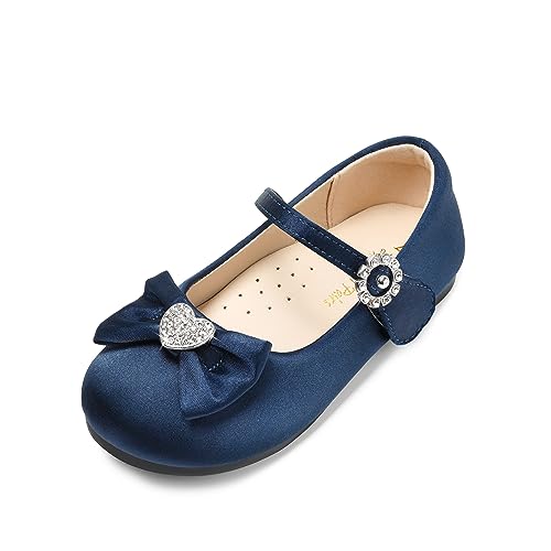 DREAM PAIRS Girls Mary Jane Dress Shoes for Toddler Heart Rhinestone Front Bow Ballerina Flat (Toddler/Little Kid) 5 Toddler Navy/Satin