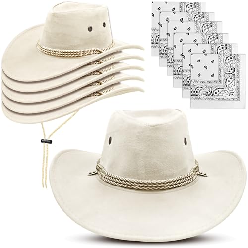 Image of 12Pcs Cowboy Hats and Bandanas,Western Cowboy Hats Bulk,Wide Brim Cowgirl Hats Costume Party for Men Women