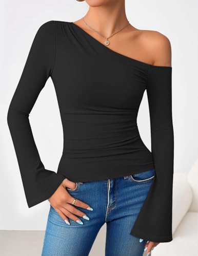 ZESICA Women's Off Shoulder Tops Bell Long Sleeve Shirts 2025 Fall Trendy Going Out Ruched Tight Fitted Y2K Clothes2