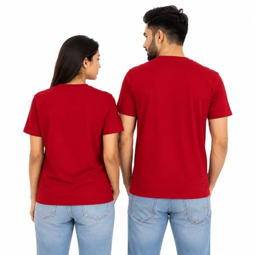 Image of Matching Couple T Shirt for Men & Women | Heartbeat Printed Cotton Couple T-Shirt | Round Neck Half Sleeve Regular Fit | Valentine's Day, Pack of 2 | Red