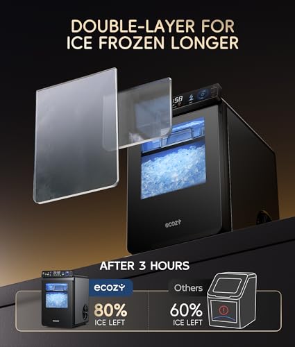 ecozy Nugget Ice Maker Countertop, Smart Pebble Ice Machine with APP Control, 44 lbs Per Day Soft Pellet Chewable Ice with Self-Cleaning, Black