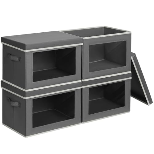 Image of Homsorout Stackable Storage Bins with Lids - Large Storage Box with Lids, Foldable Closet Boxes for Organizing, Wardrobe Clothes Organizer with Window, Cubes Bins for Living Room, 4 Pack, Dark Grey
