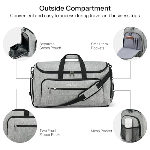 MILADA Convertible 2-in-1 Garment Duffel Weekender Bag Carry On Garment Bags for Travel Hanging Clothes Suit Bag Foldable Personal Item Business Overnight Bag with Shoe Compartment, Light Grey4