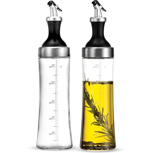 LOFERMA 2-Pack Transparent Olive Oil Dispensers with Measuring Scale – Premium Glass & Stainless Steel, Wide Mouth for Easy Filling & Cleaning, Non-Slip Base, BPA-Free Spout with Anti-Block Filter