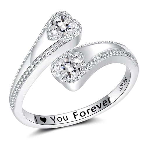 925 Sterling Silver Adjustable Heart Birthstone Rings for Women Open Double Love Heart Stones Rings for Mother Daughter Wife Birthday Gifts