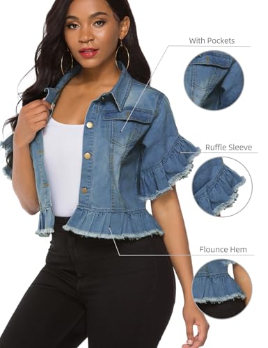 Image of Suvimuga Women's Denim Jacket Button Down Distressed Ruffle Sleeve Crop Jean Jackets Coat