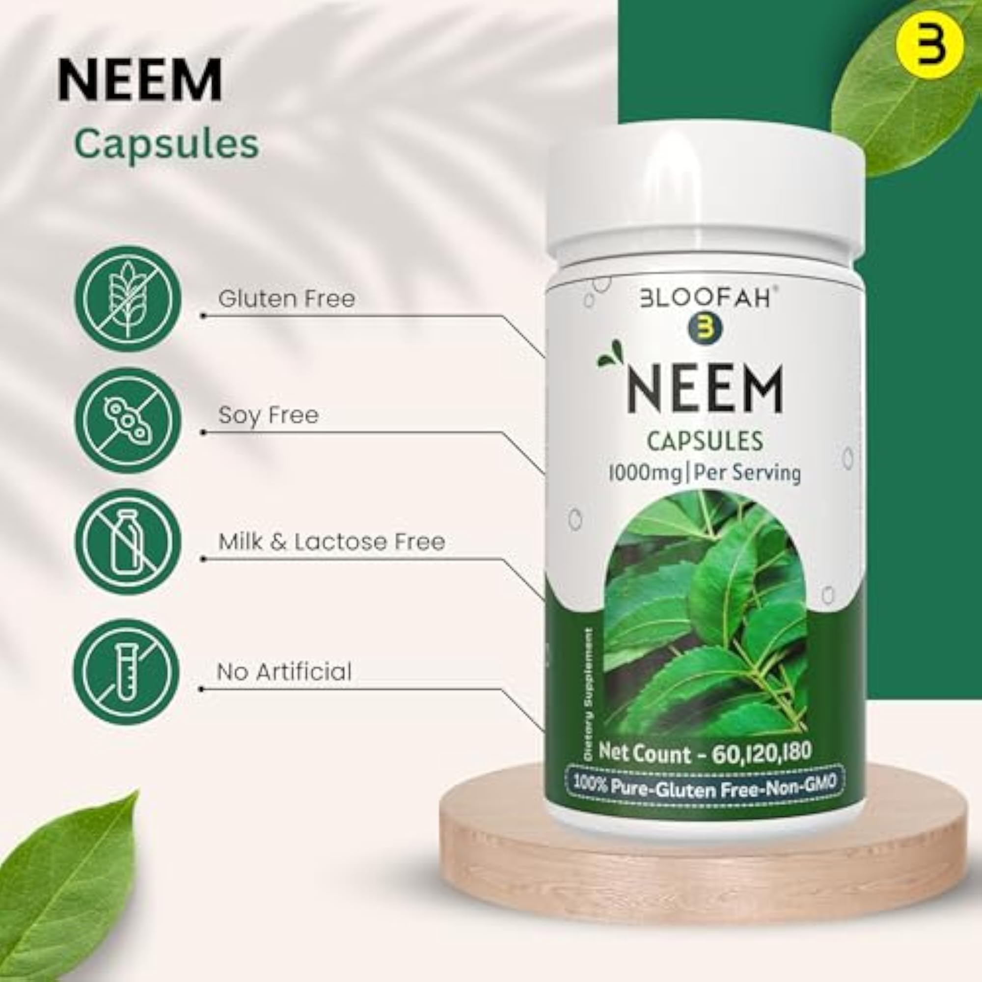Neem Leaf Capsules, 1000mg for Natural Health