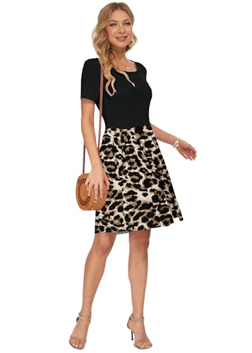 AUSELILY Damen Kurzarm Plissee Loose Swing Freizeitkleid mit knielangen Taschen Schwarzer Leopard S 5