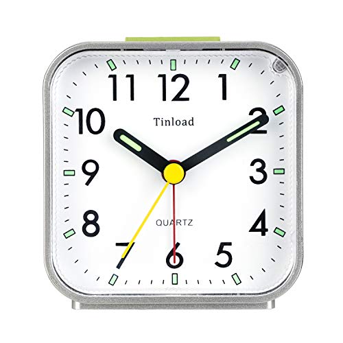 Small Battery Analog Alarm Clock Silent Non Ticking, Ascending Beep Sounds, Snooze,Light Functions (Silver)