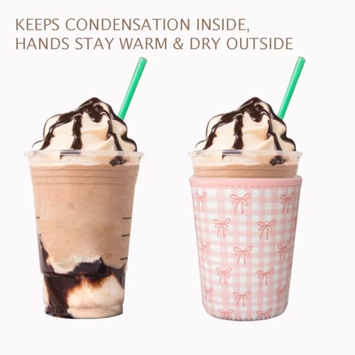 Image of Reusable Insulated Neoprene Iced Coffee Cup Sleeve, Durable Drink Sleeve for Cold Beverages, Beverage Holder for Iced Coffee (Lovely Bows)