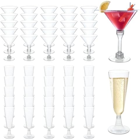 HOSTK 50Pcs 2 Style Plastic Martini Glasses, Disposable Clear Champagne Flutes, 5 oz Plastic Cocktail Glasses for Bachelorette Party Decorations Wedding Margarita Wine Champagne Ice Cream Dessert Cover