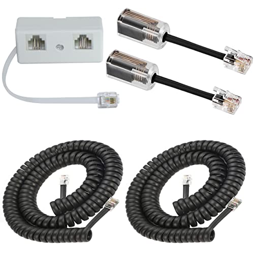OUZRTG Démêleur de câble téléphone 2 pièces, 2 câbles de téléphone sans enroulement de 10 pieds, 1 diviseur téléphonique RJ11 2 voies mâle à femelle pour téléphones fixes Cover