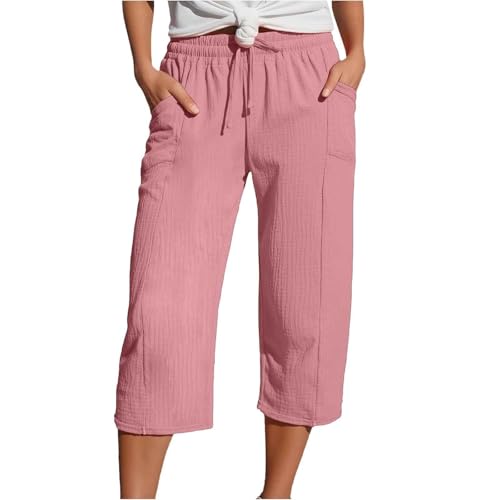 Girls Drawstring Wide Leg Cropped Pants Casual Baggy Trousers Textured Comfortable Pants Cotton Linen Sweatpants2