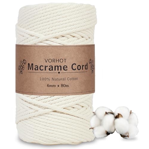 VORHOT Hilo Macramé 6mm Beige, 80M Cuerda, Cordón Natural para Tapices y Colgadores, Manualidades y Decoración Hogar Bohemia