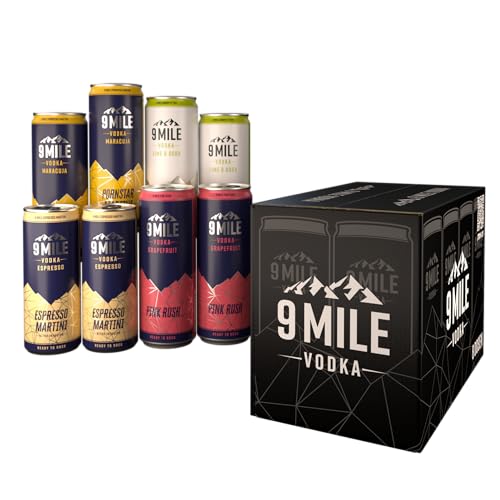 9 MILE Vodka Premix Probierpaket 8 Dosen Einweg 2 x 200 ml und 6 x 330 ml Ready-to-Drink Cocktailpaket mit 4 Sorten 10% Vol. Espresso Martini Portnstar Martini Pink Rush und Skinny B*tch