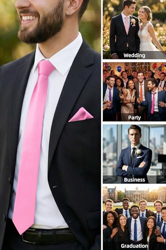 Image of HISDERN Mens Ties Solid Color Ties for Men Formal Necktie with Pocket Square Set Satin Silk Neck Tie Handkerchiefs Set