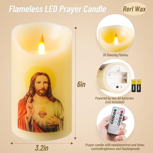 Image of LED Prayer Flameless Candles with Remote Timer, Battery Powered Candle, Religious Candle 6 inch x 3.2 inch (Jesus Red )