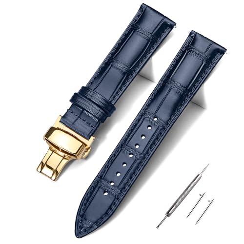 EACHE 19mm Blue Croc Grain Leather Watch Band, Gold Butterfly Clasp