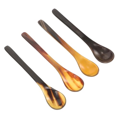 KOMBIUDA 4 Stück Teiliges Langer Hornlöffel Verschleißfeste Dessertlöffel aus Natürlichem Horn zum Mischen von Kaffee Honig und Tee Ergonomischer...