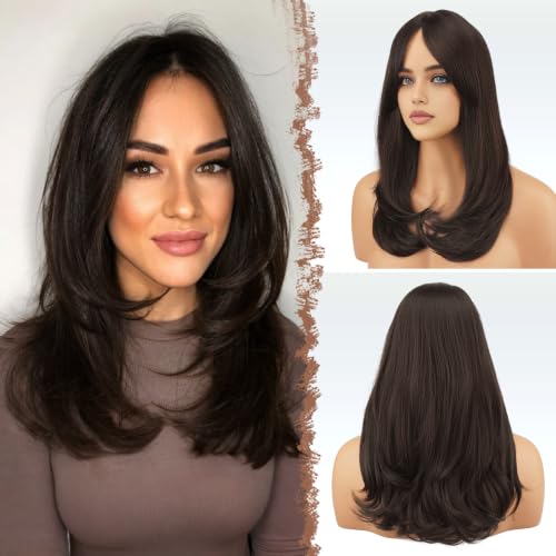 FESHFEN Brown Wigs with Curtain Bangs Medium Length Layered Wig for Women